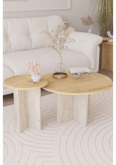 2 Li Orta Sehpa Seti, İskandinav Stil, Bohem, 72 Cm, 40 Cm - Safir Meşe & Traverten
