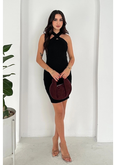 Asprin Fashion Çapraz Yaka Triko Elbise Siyah Siyah