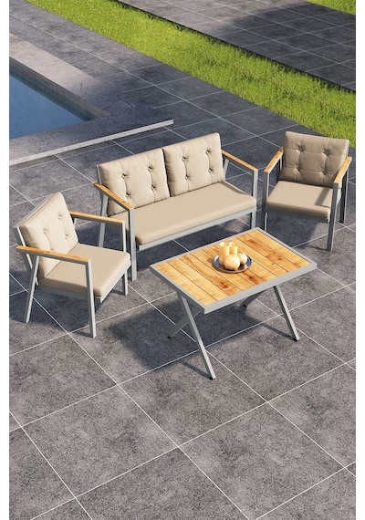 Sierra 2+1+1 Metal İskeletli Suya Dayanıklı Minderli Bahçe Balkon Mobilya Takımı Cappuccino
