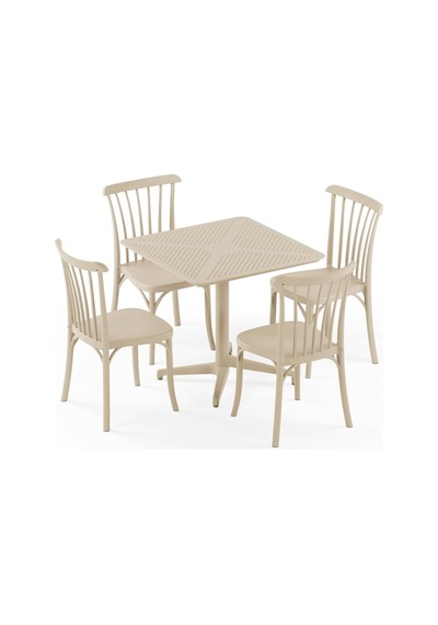 4 Kişilik Polipropilen Bahçe, Balkon, Kafe, Restoran, Dış Mekan Masa Takımı Bej Moon Katlanır Masa 80x80 Cm + Gozo Sandalye