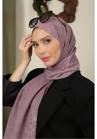 Flora Tekstil Çiçekli Desen İnce Medine İpeği Jakar Şal Lila