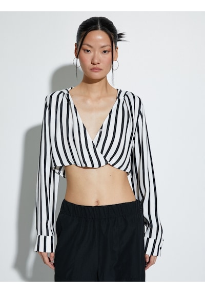 Koton Kapşonlu Crop Bluz V Yaka Siyah Çizgili 4sak60269pw Siyah