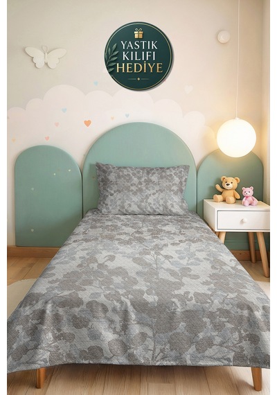 Gri Botanik Tek Kişilik Pike Takımı-minimal Yaprak Antrasit Bej 160x220 Cm Kapitone Yatak Örtüsü Melez Kulübe Dengesi