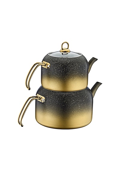 8250 Xl Andiamo 4 Parça Bio Granit Çerçeveli Cam Kapaklı Çaydanlık Gold Gold - Siyah