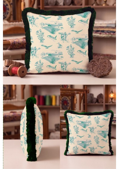 Av Temalı Boho Tasarımlı Saçaklı Yastık Kılıfı-pastorel Country Yeşil Siyah Püsküllü Kırlent Kılıfı Altın