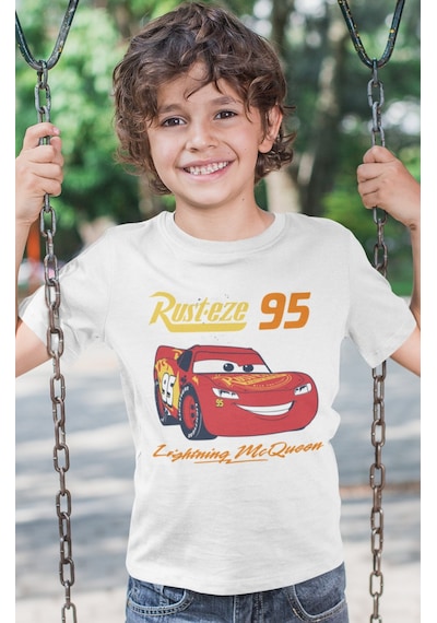 Sevbano Lightning Mcqueen Şimşek Arabalar Baskılı Unisex Çizgi Film Çocuk Beyaz