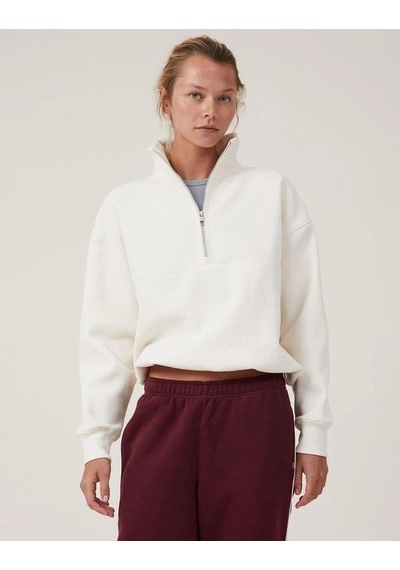 Mbb E-ticaret Kadın 3 İplik Pamuklu Oversize Yarım Fermuarlı Yakalı Basic Sweatshirt - Beyaz