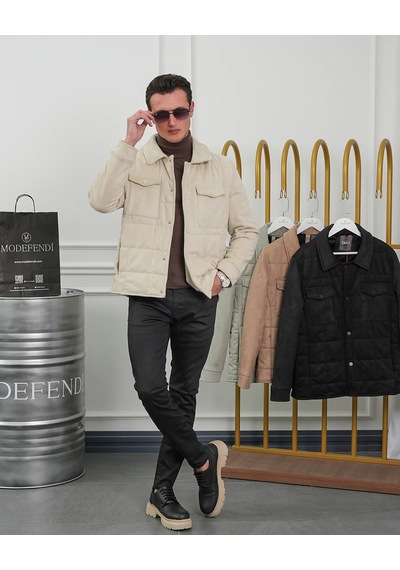Modefendi Yüksek Kalite Desenli Yarım Oversize Nubuk Mont Krem