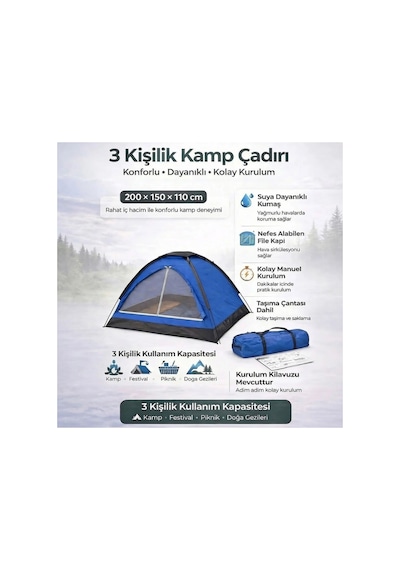 Buffer 3 Kişilik Manuel Kamp Çadırı Düz Kapılı Outdoor Aile, Doğa, Piknik Ve Kamp Çadırı 200x150x Yeşil