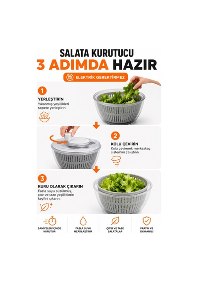 Pratik Salata Kurutucu Manuel Sebze Ve Yeşillik Kurutma Aparatı Büyük Boy Şeffaf Hazneli Çok Renkli