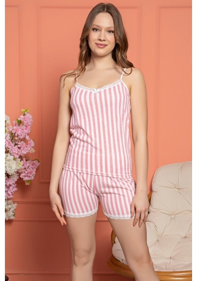 Farya Home Dreamy Secret Dantel Detaylı Biyeli Askılı Şortlu Pijama Takımı Pembe Beyaz Beyaz - Pembe