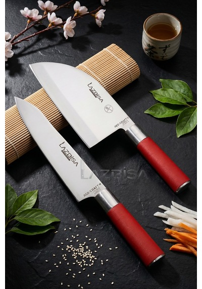 Lazbisa MFT-005 Red Craft Serisi Mutfak Şef Bıçak Seti Et Ekmek Sebze Bıçağı Günlük Kullanım Kırmızı