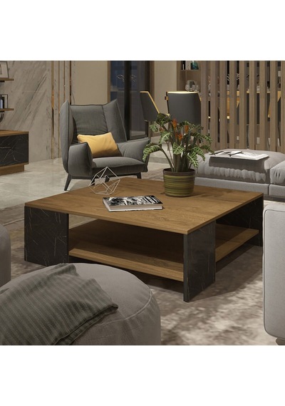 Trendstyle 4s Mdf Tv Ünitesi Ve Orta Sehpa 2'li Set - Pera Siyah Mermer Safir Meşe - Royal Mermer