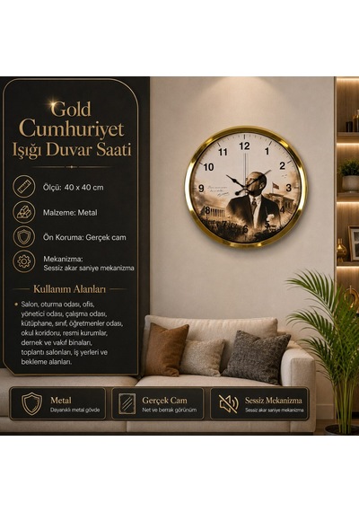 Gold Cumhuriyet Işığı 40 X 40 Cm Metal Duvar Saati