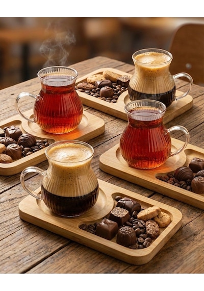 Reoona 6'lı 12parça Bambu Tabaklı Borosilikat Cam Kulplu Bardak 200 Ml Cam Çay Ve Kahve Bardağı Şeffaf