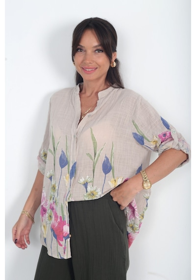 By Saygı Kadın İtalyan Etek Uçları Ve Kolları Büyük Çiçekli Oversize Cotton Gömlek Bej