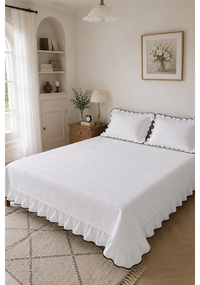 Uçkan Home %100 Pamuk Tek Kişilik Fırfırlı Pike Seti---uh-pike-13 Siyah-beyaz