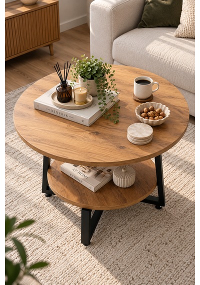 Yuvarlak Orta Sehpa 69,5 Cm İki Katlı Raflı Metal Ayaklı Modern Dekoratif Salon Sehpası Çam Yuvarlak Orta Sehpa 69,5 Cm İki Katlı Raflı Metal Ayaklı Modern Dekoratif Salon Sehpası Çam