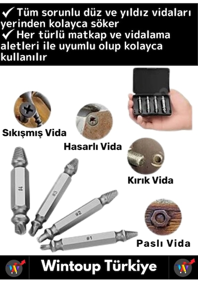 Premium Dayanıklı Matkap Tornavida Uyumlu Hasarlı Paslı Kırık Yamuk Vida Sökme Çıkarma Seti 4'lü Set