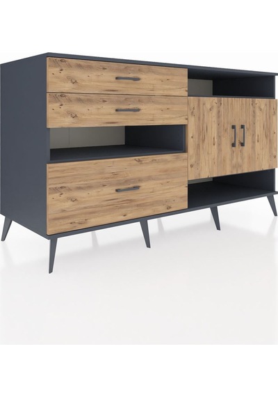 Kronos Konsol 4 Raflı 3 Çekmeceli 2 Kapaklı 176x59x99 Antrasit-ça Antrasit-çam