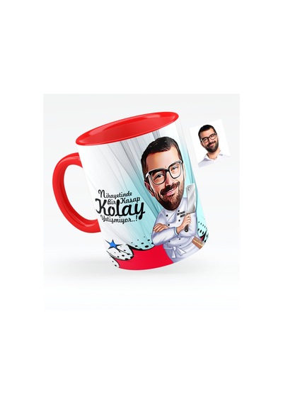 Kişiye Özel Bay Kasap Karikatürlü Kırmızı Kupa Bardak - 1