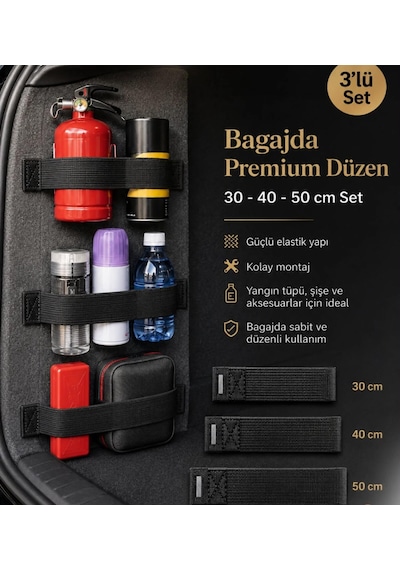 Ankanorm 3'lü Oto Bagaj Sabitleyici Elastik Bant Seti 30-40-50 Cm