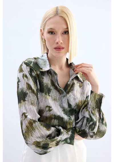 Sateen Desenli Gömlek - Haki-136913 haki