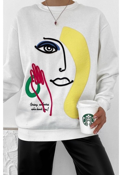 Femelle Ekru Kalın Içi Polarlı Nakış Işlemeli Kabartmalı Oversize Sweatshirt