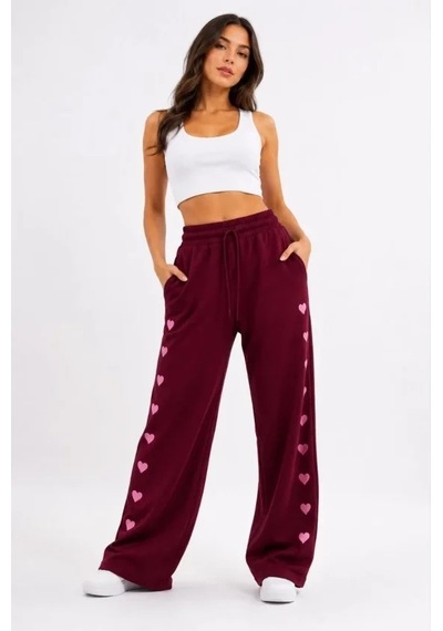DefyModa Osy Modal Yumuşak Dokulu Nakışlı Cepli Oversize Bol Paça Eşofman Altı - Bordo