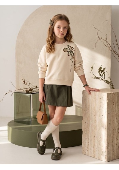 Zekids Kız Çocuk Ekru Çiçek Baskılı Bisiklet Yaka Tasarım Sweatshirt-17444 KREM