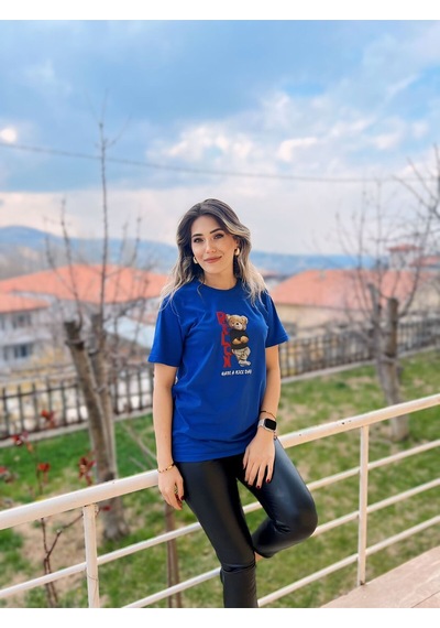 Sevimli Ayıcık Relax Ayı Tasarım Şık Baskılı %100 Pamuk Regular Fit Bisiklet Yaka Mavi T-shirt Mavi