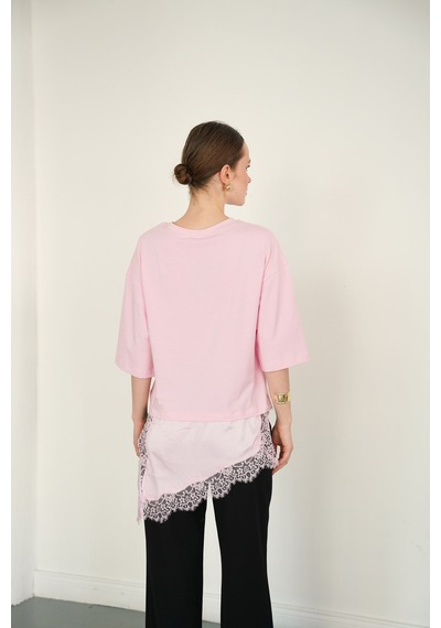 Verymoda Dantel Ve Saten Detaylı Asimetrik Tişört D2942 Pembe