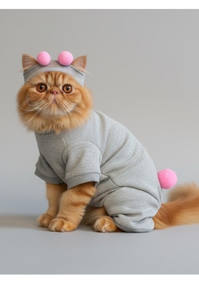 Ponpon Şeker Kedi Tulumu & Bere Takımı Şardonlu Polar Kumaş Tüy Dökülmesini Gri XL