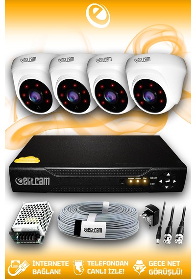Elitcam 4 Kameralı Dome 4 İç Kamera Set HDD'siz Full HD Gece Görüşlü Güvenlik Kamerası Sistemi