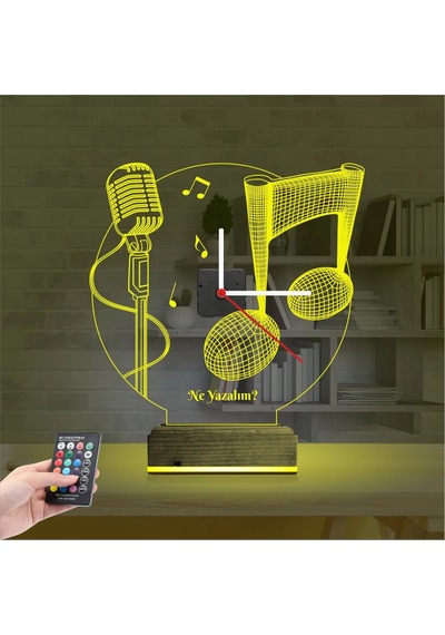 Luvivia Müzik Nota Mikrofon Kişiye Özel Saatli 3d Lamba - Masa Gece Lambası Şeffaf
