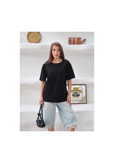 Paw Garage Kadın Mia İnterlok Kumaş Bisiklet Yaka Oversize T-shirt SIYAH
