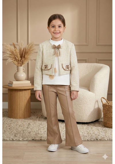 Xo Kids Kız Çocuk Tüvit Ceket Ve Deri Pantolon 3lü Takım 4-14 Yaş 4409 Bej - Kahverengi