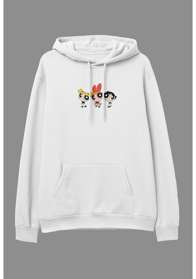 Startmore Oversize Powerpuff Girls Tasarım Baskılı Kapüşonlu Sweatshirt Hoodie Beyaz Beyaz