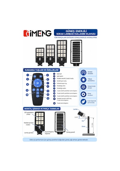 Yc1-034b 600w Solar Sokak Ve Bahçe Lambası Sensör Modunda Kesintisiz Şarj Ve Kumandalı Ve 1 Adet
