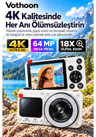 4k Dijital Fotoğraf Makinesi 18x Dijital Zoom 64 Mp Ön Ve Arka Ekranlı Kompakt Kamera Beyaz