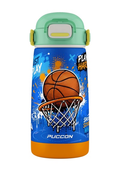 Puccon 420 Ml Erkek Çocuk Basketbol Baskılı Mavi Kahverengi Çelik Matara Termos - Sızdırma - 60031 Çok Renkli