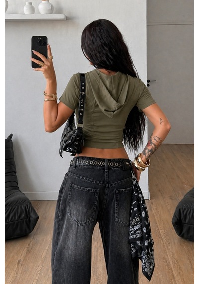 Tarz Cool Kapüşonlu Crop Tişört Fermuarlı Kısa Kollu Kadın Üst Body Haki