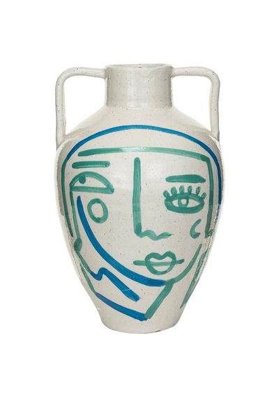 El Yapımı Soyut Yüz Terracotta Vazo Çok Renkli