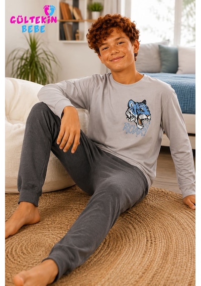 Tarık İnterlok Kumaş Çıta Baskılı Erkek Pijama Takımı 11-16 Yaş -ta4405470 - Gri
