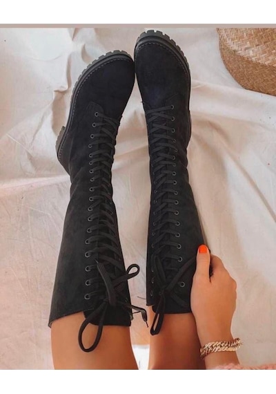 Miss Zülüf Uzun Bot Çizme Postal Siyah Suet