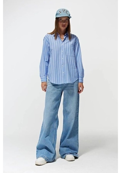 Mixray 4367 Kadın Çizgili Oversize Gömlek Mavi
