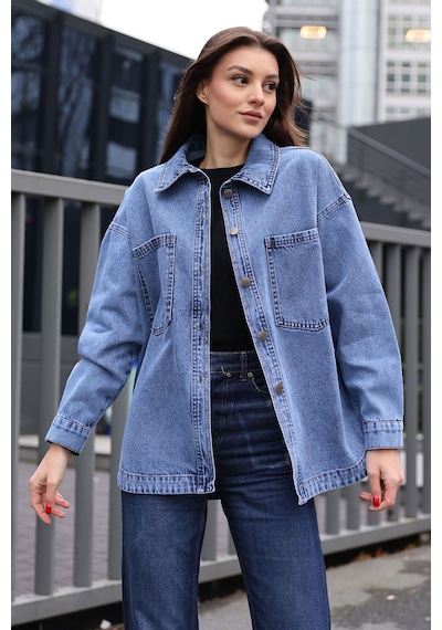 Hiccup Bdart Oversize Denim Ceket, Gömlek Yaka Ve Cep Detaylı Lacivert