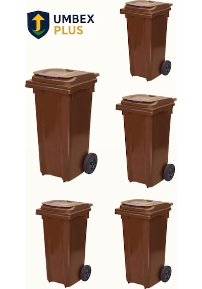 Umbex 5 Adet Plastik Çöp Konteynerı Çöp Kovası 120 Lt Isıya Karşı Dayanıklı 5 Adet Kahverengi