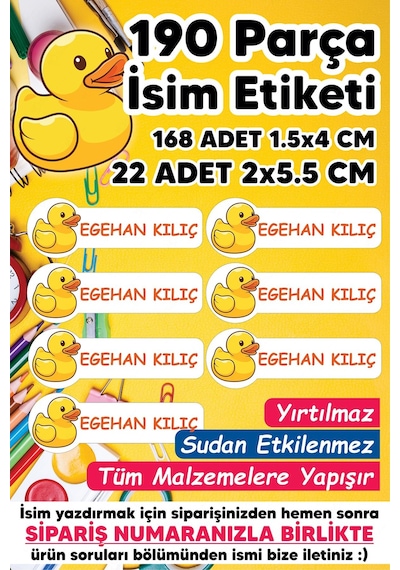 Okul Etiketi Kalem Defter Etiketi Sevimli Ördek Temalı Özel Isim Yazılabilen Etiket - 190 Adet