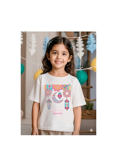 Stil-x Ramazan Bayramı Baskılı Kız Çocuk Tshirt, %100 Pamuklu Kumaş Beyaz-17